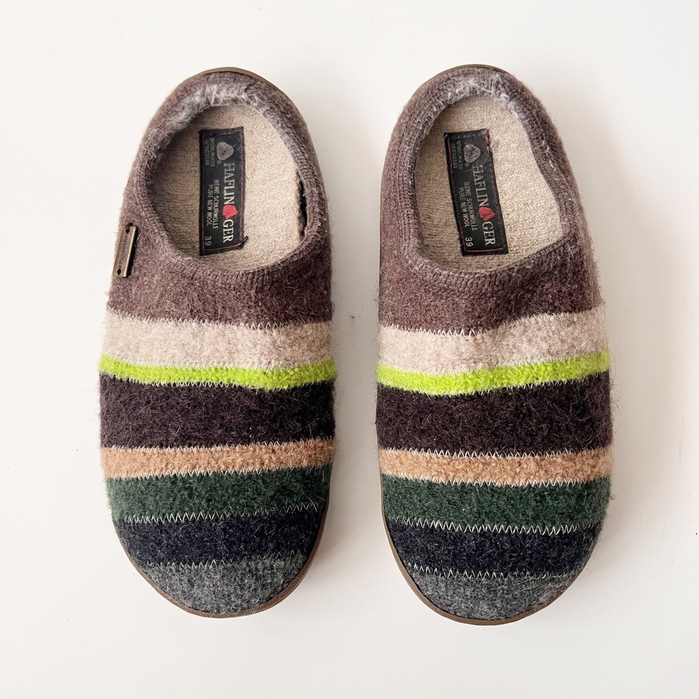 Haflinger Clog Slippers 39/8 Brown Striped Boiled Wool Comfort Shoes Womens